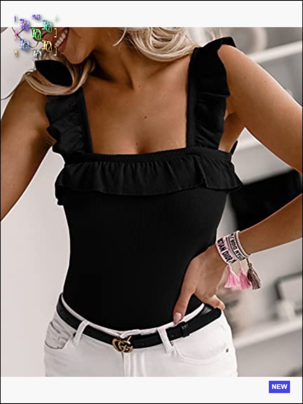 Sleeveless Tank Top Ruffle Strap Square Neck Knitted Camisole Summer Cute Knit - Picture 2 of 7